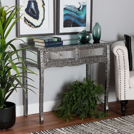 Baxton Studio Wycliff Industrial Glam and Luxe Silver Finished Metal and Mirrored Glass 2Drawer Console Table 213-12007-ZORO